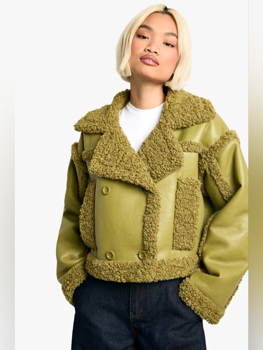 Olive Green Faux Shearling Crop Jacket